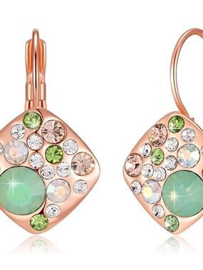 Multicolored Austrian Crystal Square Drop Leverback Huggie Earrings
